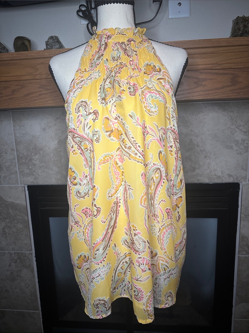 Cato Boho Yellow Paisley Ruffle Halter Neck Flowy Sleeveless Blouse Size M